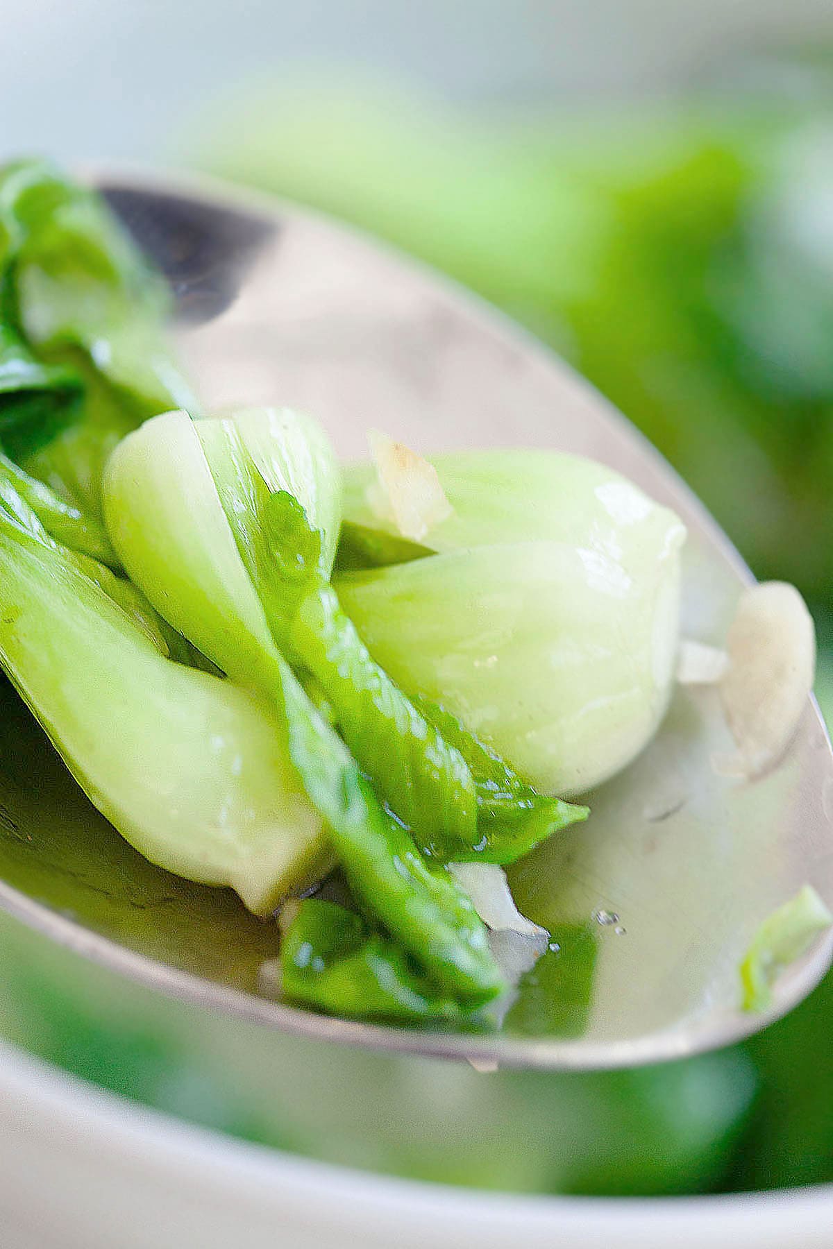 Bok choy on a spoon. 