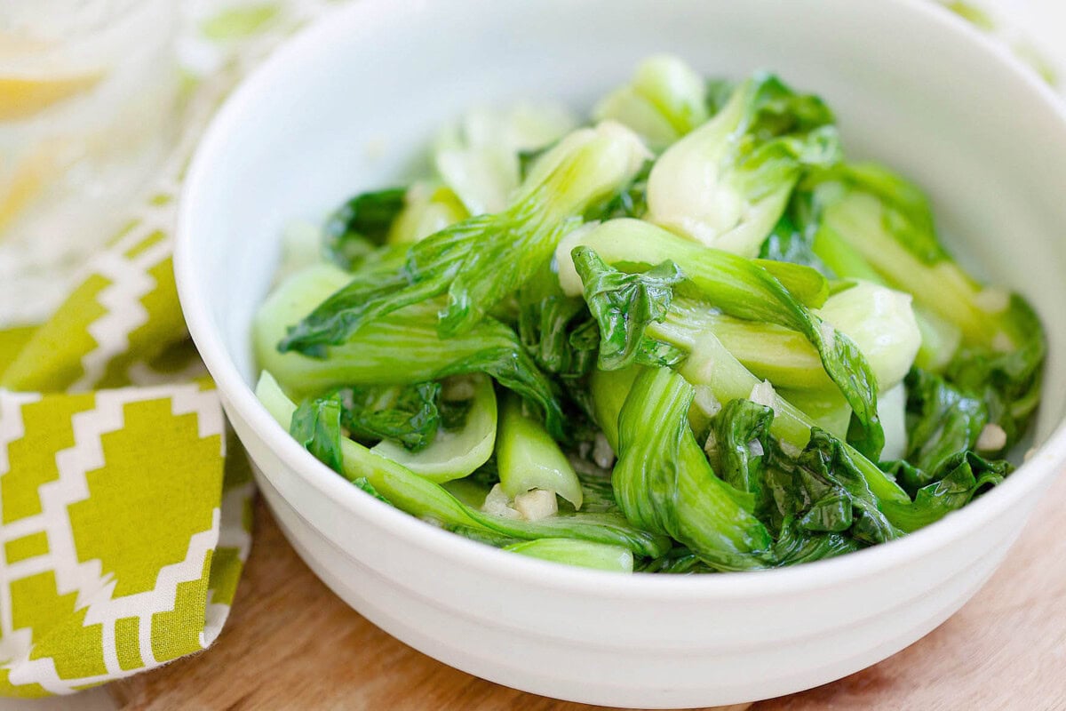 Bok choy stir fry with garlic, ready to serve. 