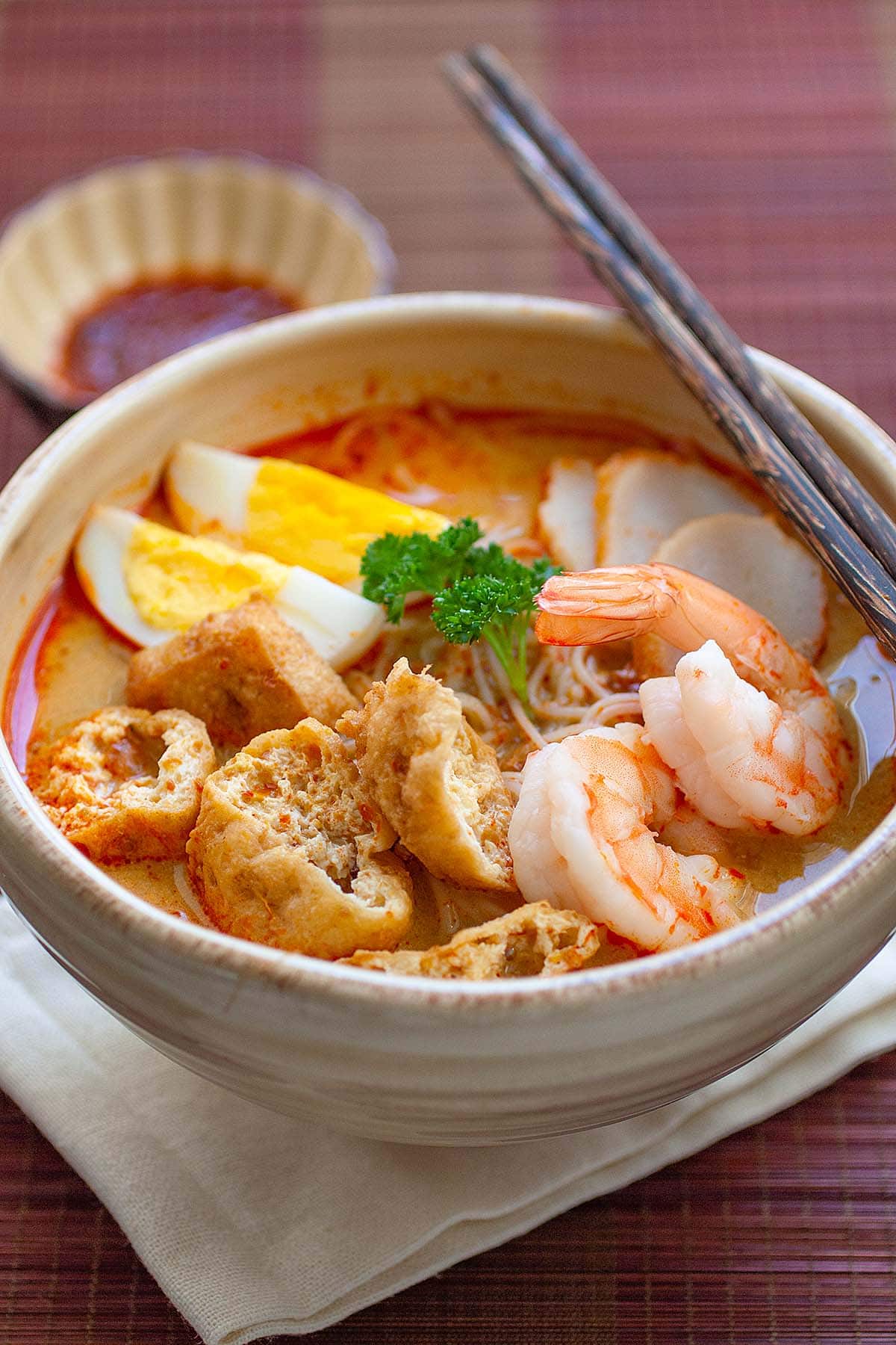 Coconut curry noodle bowl, ready to serve. 