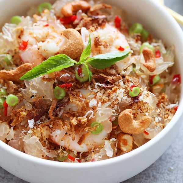 Shrimp pomelo salad served in a bowl.