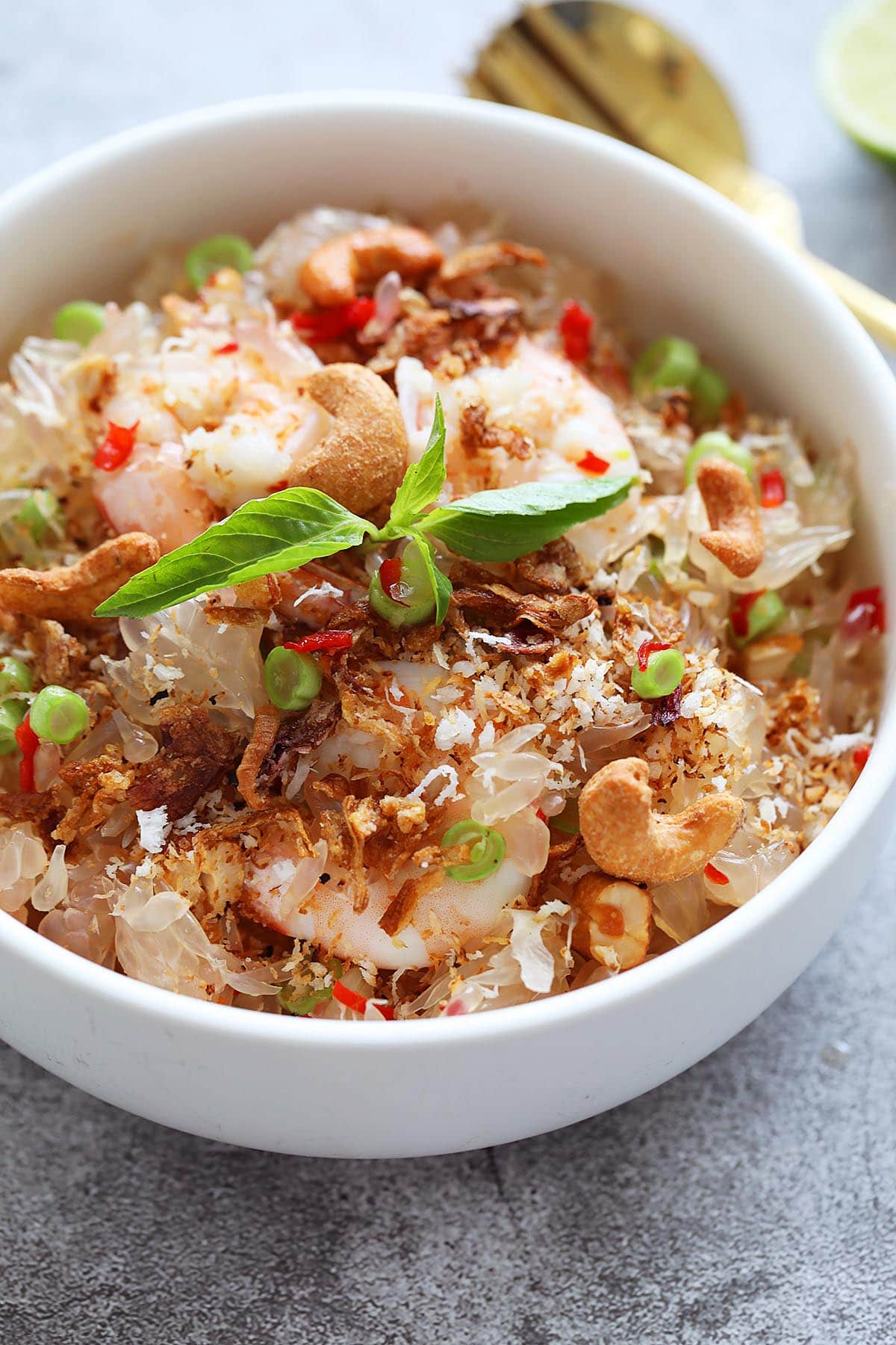 Shrimp pomelo salad served in a bowl.