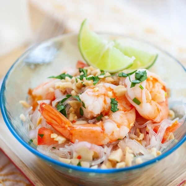 Thai glass noodle salad Yum Woon Sen served in a bowl.