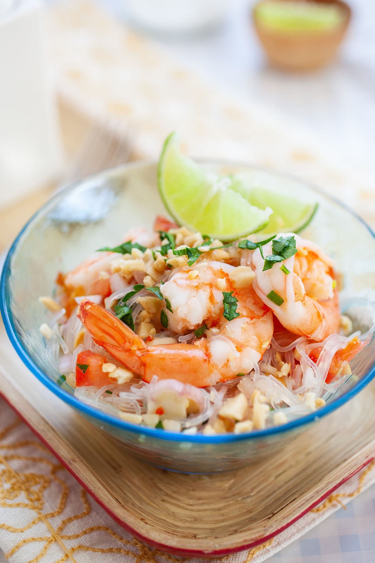 Thai glass noodle salad Yum Woon Sen served in a bowl.