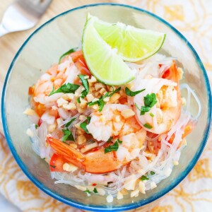 Thai glass noodle salad with shrimp with a sweet chili-lime dressing.