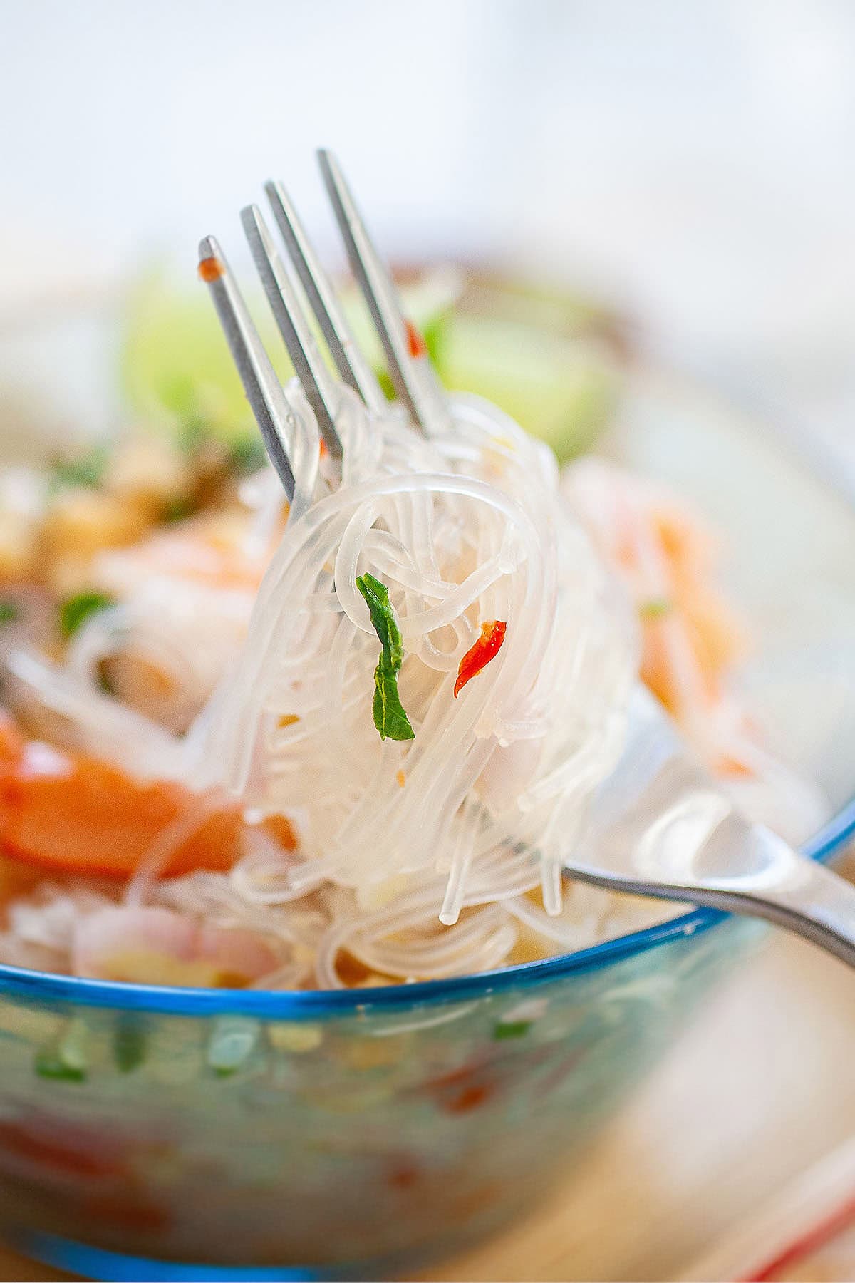 Thai glass noodle on a fork.