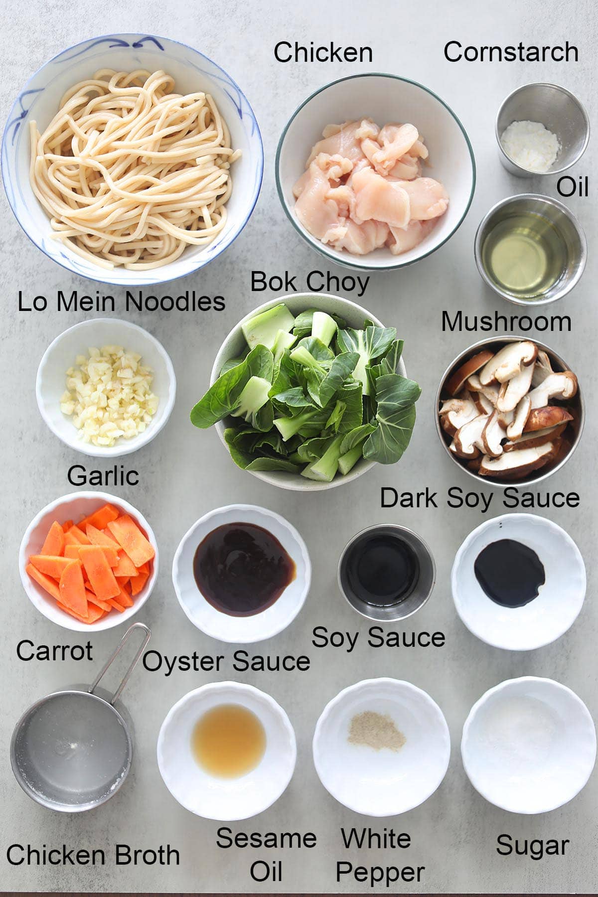 Chicken lo mein ingredients.