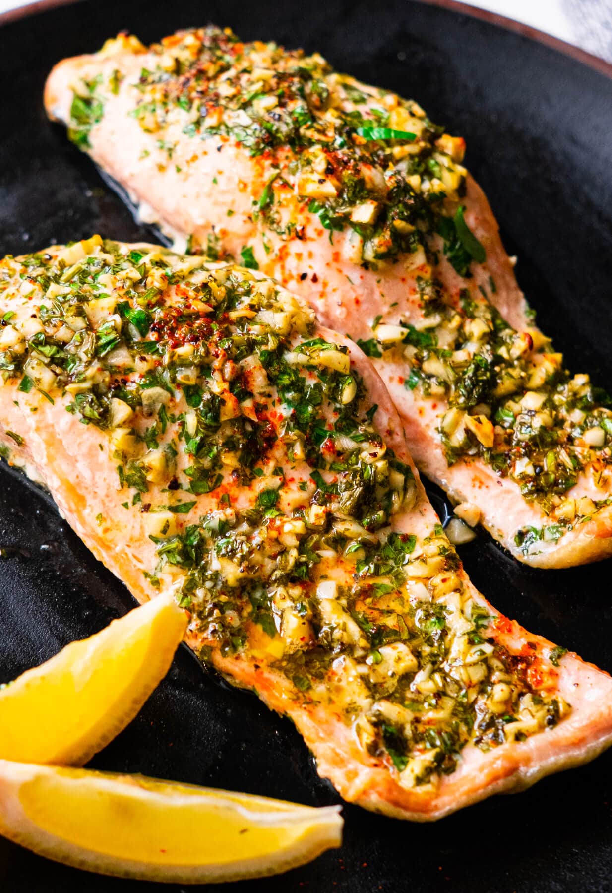 Roasted salmon with garlic herb butter. 