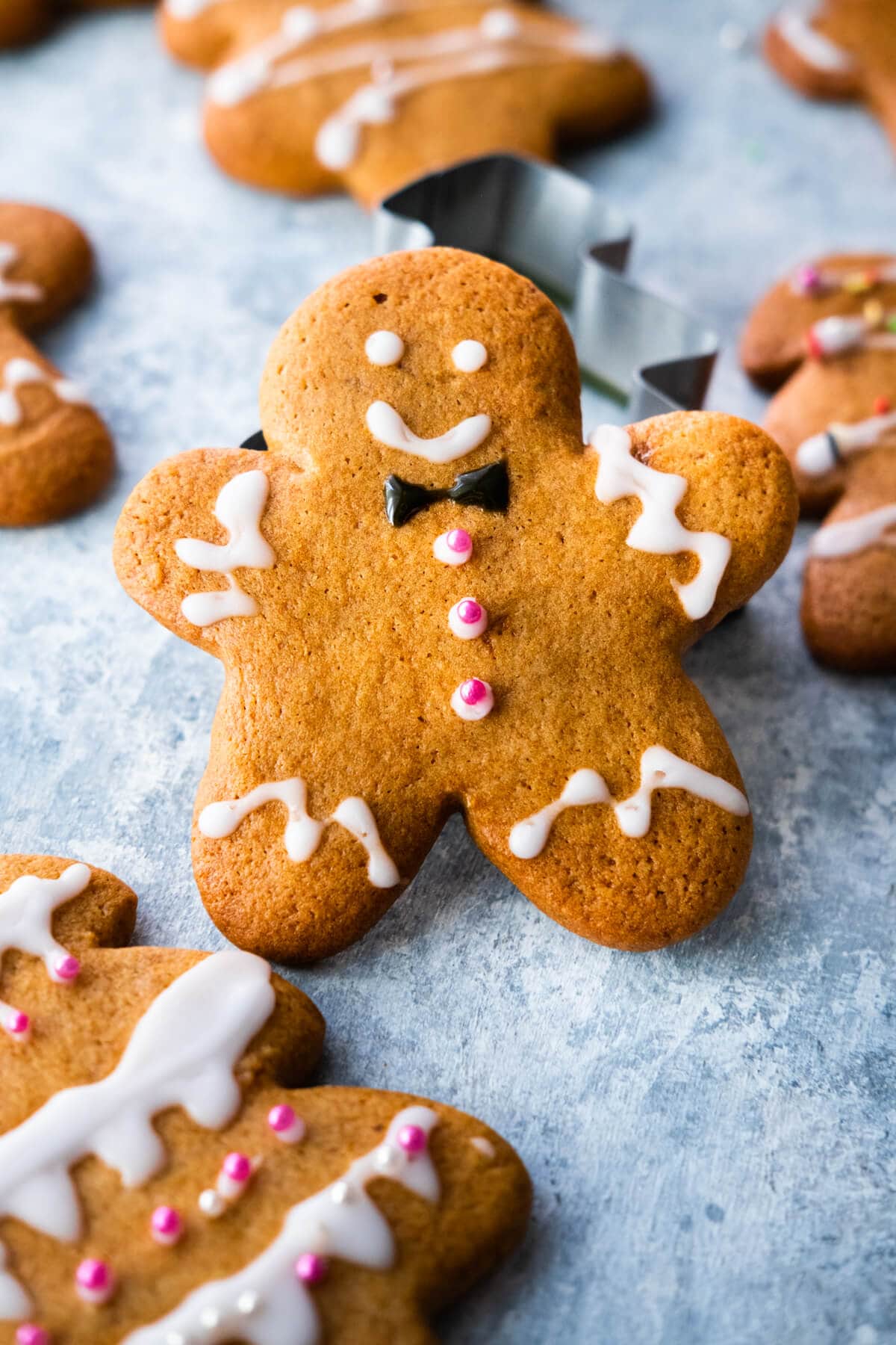 Gingerbread man cookies with royal icing decoration. 