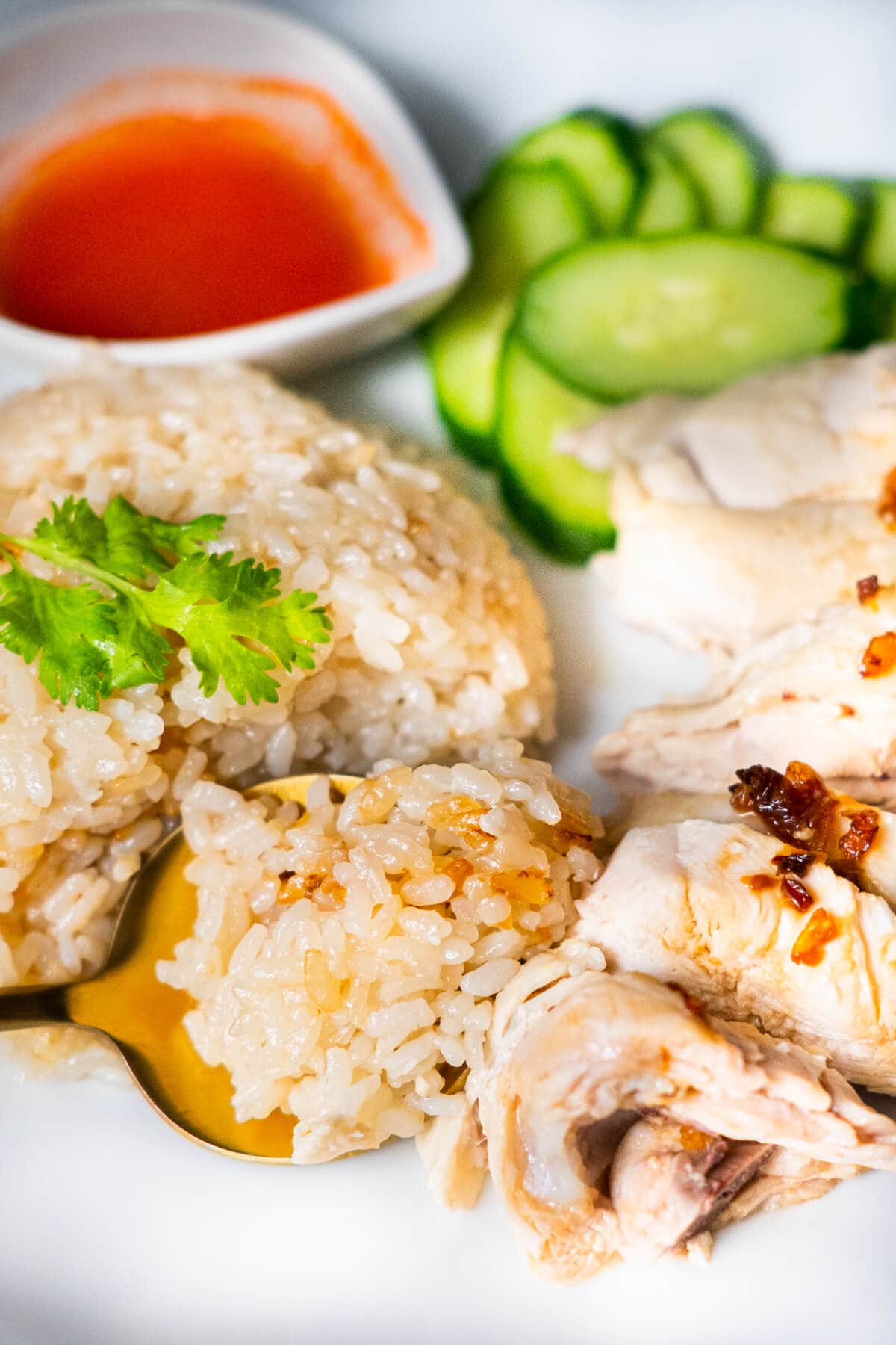 Hainan chicken rice being scooped with a spoon.