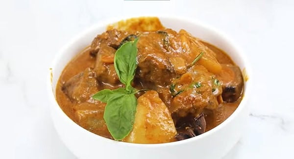 Beef massaman curry served in a bowl.