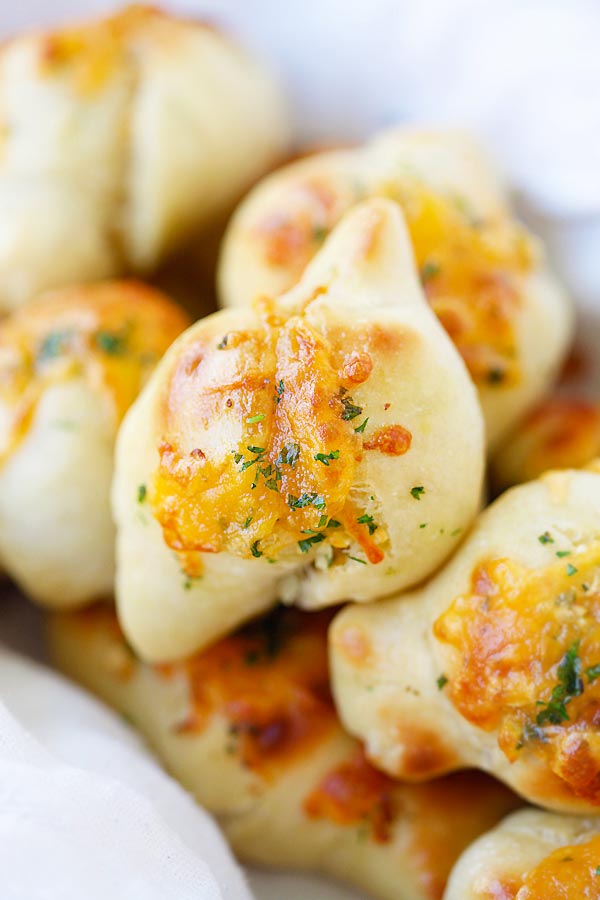 Homemade cheesy, buttery garlic knots.