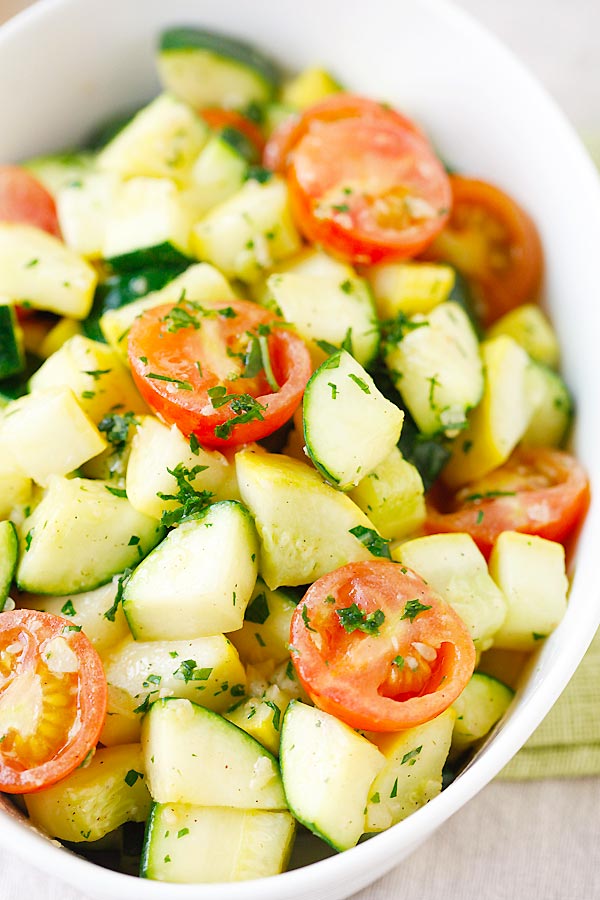 Zucchini and squash, sauteed with garlic herb butter.