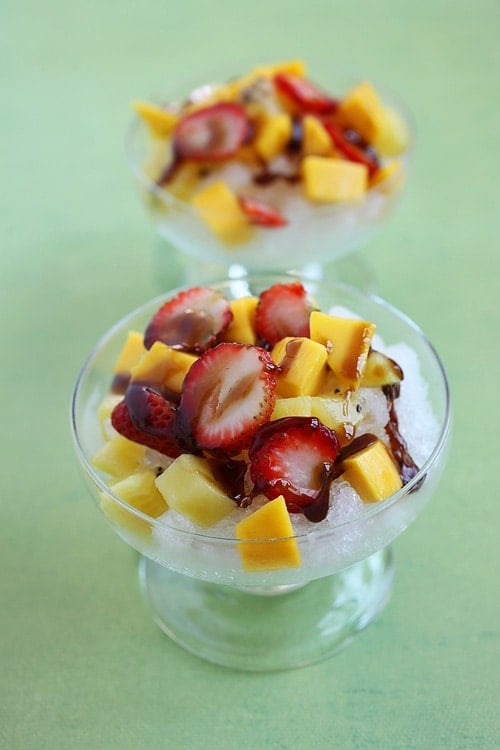 Taiwanese shaved ice (Bao Bing) with fresh fruits served in a dessert bowl.